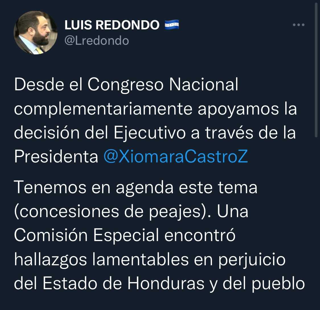 Presidente del CN apoya la decisión de la presidenta Xiomara Castro de eliminar aumentó al peaje